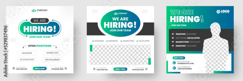 We are hiring job vacancy social media post banner design template with green color. We are hiring job vacancy square web banner design.