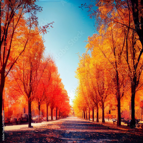Autumn park with orange and yellow foliage