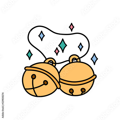 Jingle bells isolated. Vector doodles. Two Christmas sleigh golden bells with stars. Design object illustration. Christmas and winter symbol
