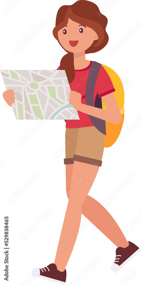 Cute cartoon people female woman character traveler with backpack looking at map Cute cartoon people female woman character traveler with backpack looking at map