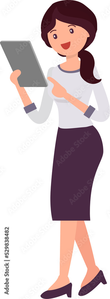 Cute cartoon people female woman character looking at tablet Cute cartoon people female woman character looking at tablet