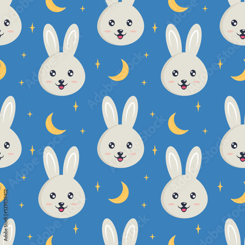 Cute rabbit or bunny with stars on a blue background. Seamless pattern. Can be used for web page background fill, surface texture