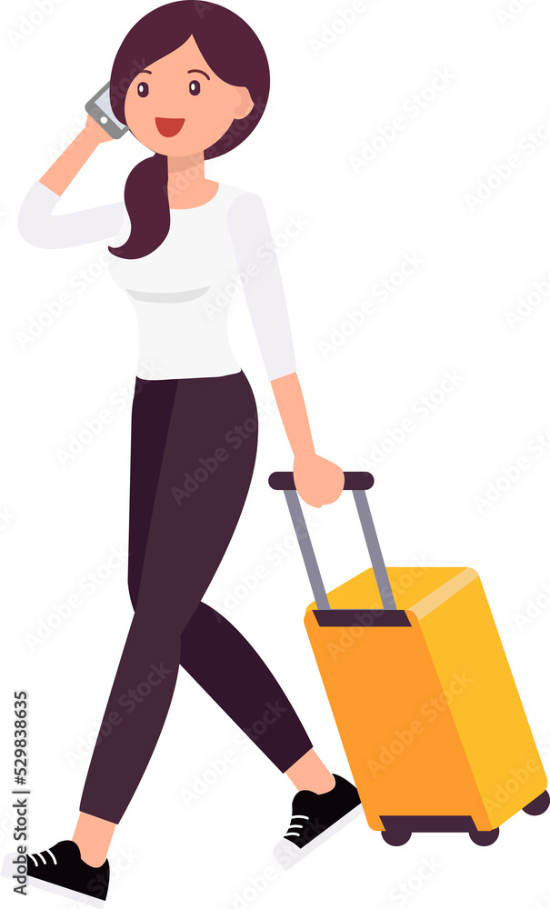 Cute cartoon people female woman character with luggage talking by smartphone Cute cartoon people female woman character with luggage talking by smartphone
