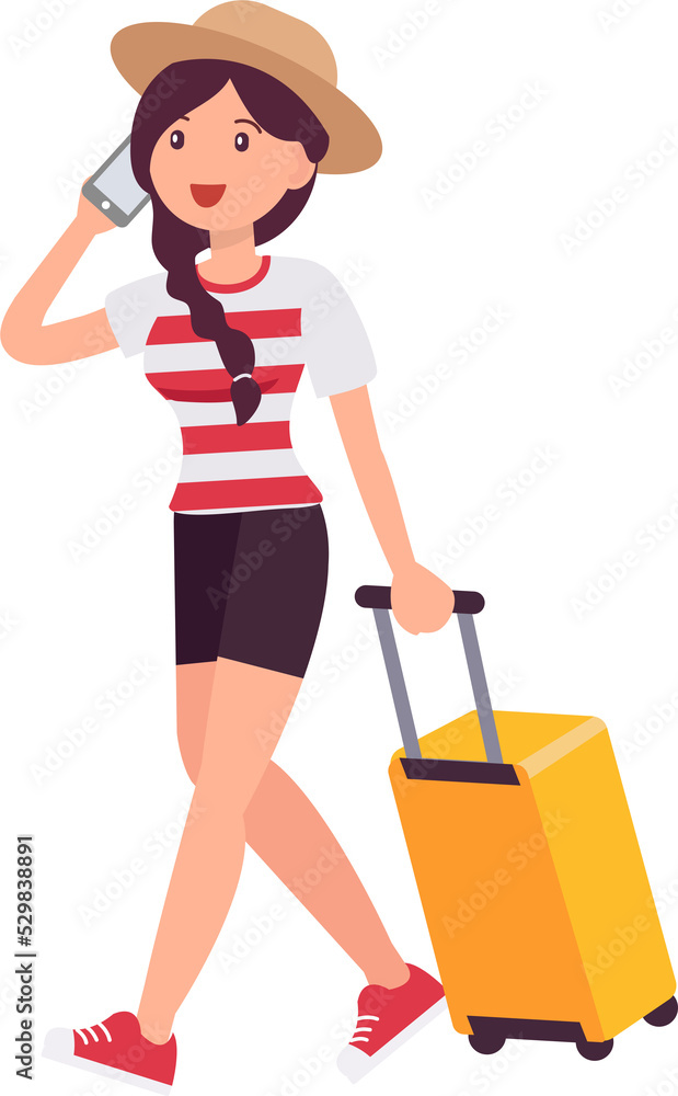 Cute cartoon people female woman character with luggage talking by smartphone Cute cartoon people female woman character with luggage talking by smartphone