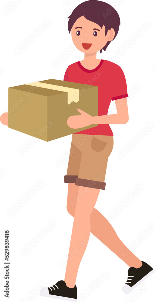 Cute cartoon people male man character holding sealed paper box Cute cartoon people male man character holding sealed paper box