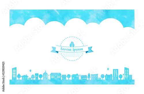 silhouette of houses and trees. watercolor illustration for background (blue)