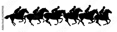 Jockey competition. Horses ride fast. Image silhouette. Sports and sporting pet animals. Isolated on white background. Vector © Ирина Мордвинкина
