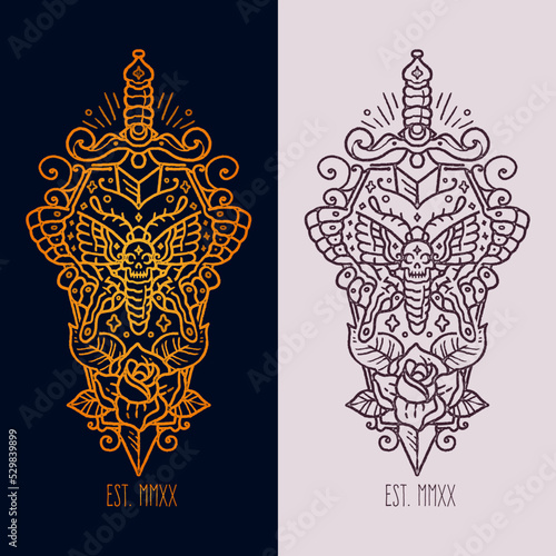 Butterfly and knife vintage tattoo style illustration