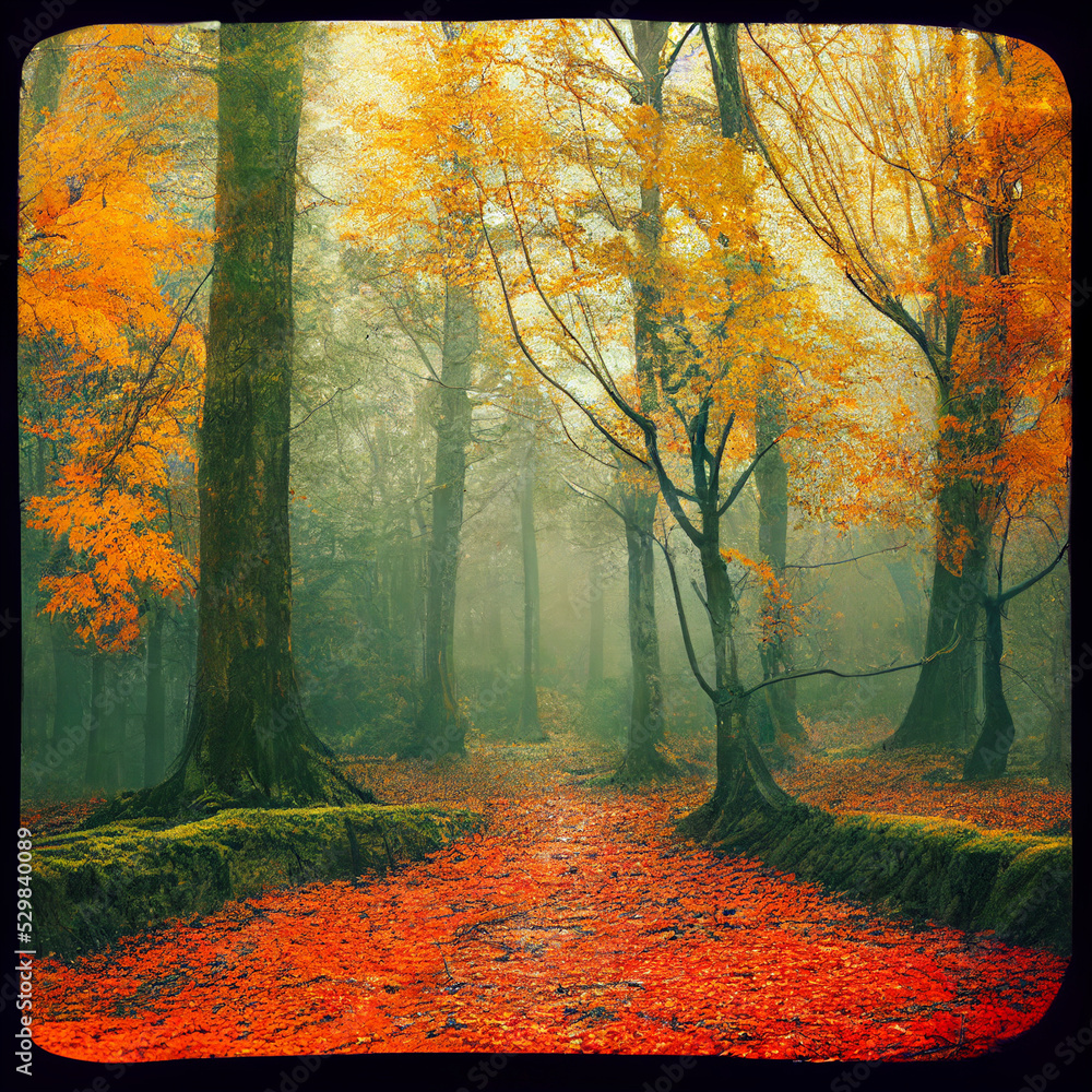 Gloomy autumn forest with fallen leaves