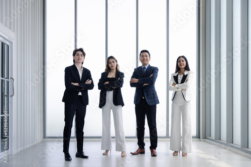 Group business people in formal wear walking standing discussion and proud on success in modern office
