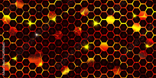 Seamless texture of volcanic lava with cracked honey comb ground pattern. Hot magma surface top view. Broken crust with liquid flame. Abstract vector background. Molten stones. Volcano eruption
