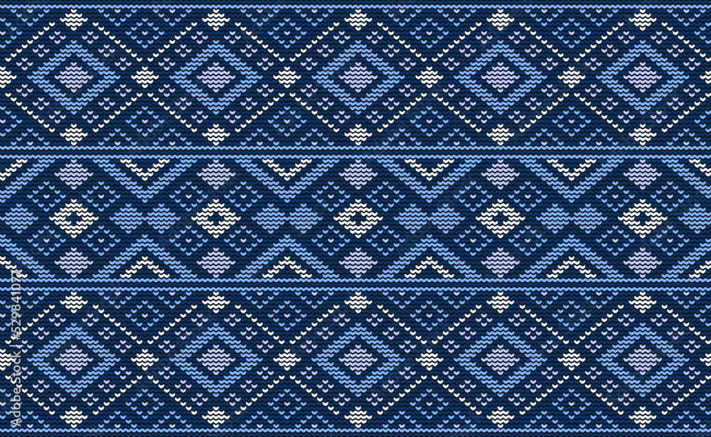 White and Blue Zigzag Cross stitch Pattern, Embroidery Diagonal Background, Rhombus Knitted Vector