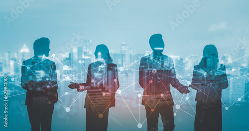 Business global network connection telecommunication technology concept, Futuristic business silhouette people group working on communication cloud technology with internet link graphic background