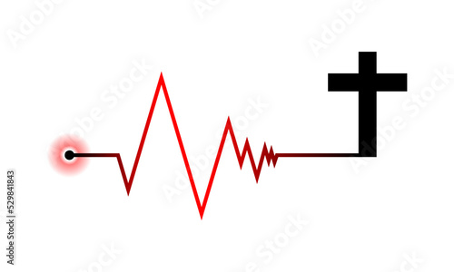 Line red heartbeat cardiograph with black christian crucifix cross religion death concept heart disease on white background icon vector design.