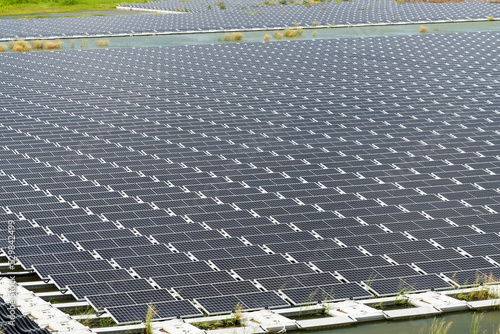 View of the floating Solar power system on the flood detention basin in Kaohsiung, Taiwan. photo