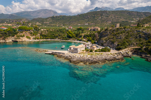 Aerial drone photo of the picturesque Kardamili village  in Messinian Mani, Peloponnese, Greece