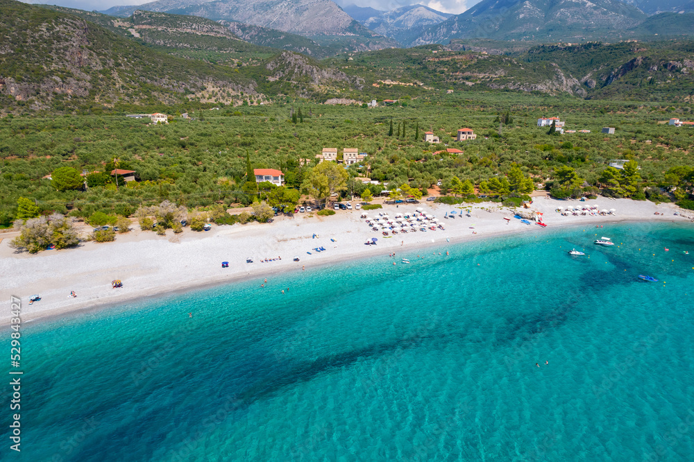 Aerial drone photo of Ritsa beach near Kardamili village  in Messinian Mani, Peloponnese, Greeceardamili