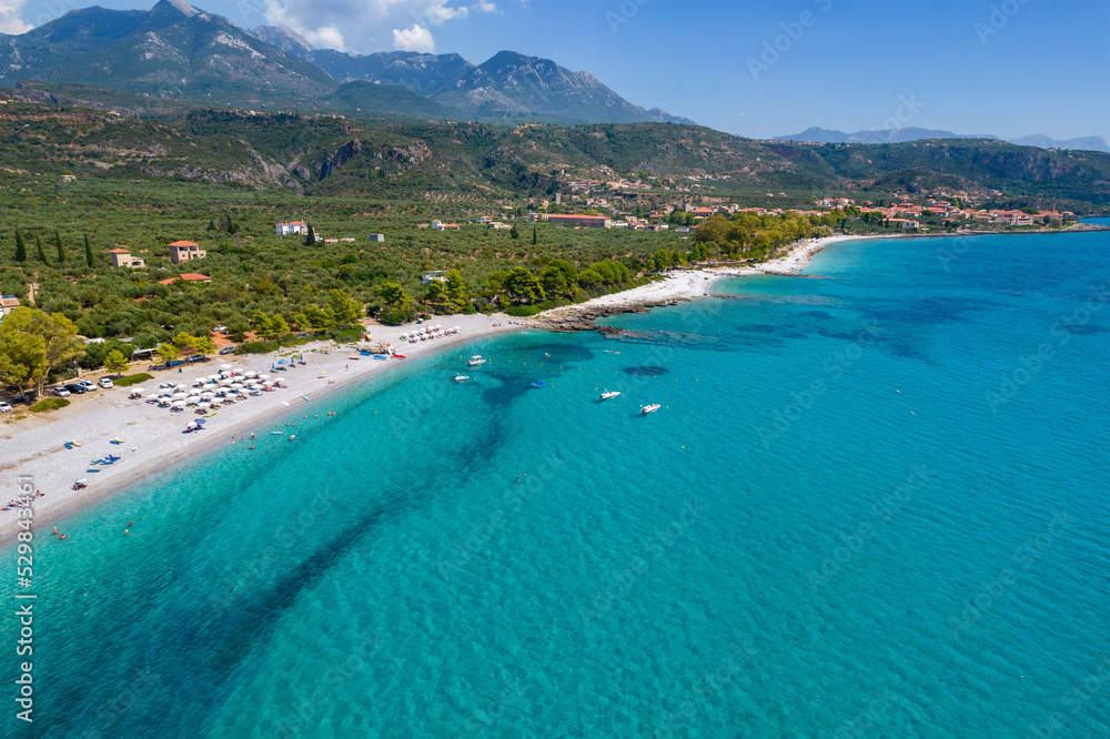 Obraz premium Aerial drone photo of Ritsa beach near Kardamili village in Messinian Mani, Peloponnese, Greeceardamili