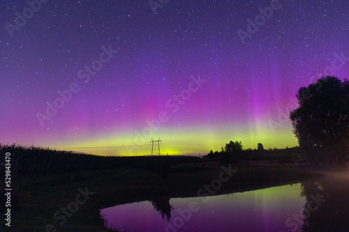 Night landscape with northern lights in green violet starry sky © Zelma