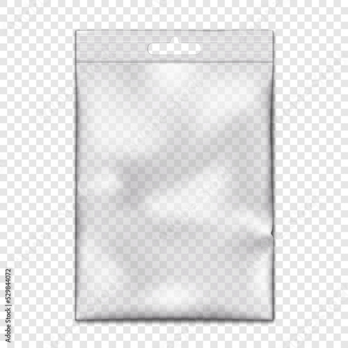 Clear vinyl resealable zipper pouch with euro slot on transparent background vector mock-up. Blank empty hanging plastic bag with zip lock realistic mockup