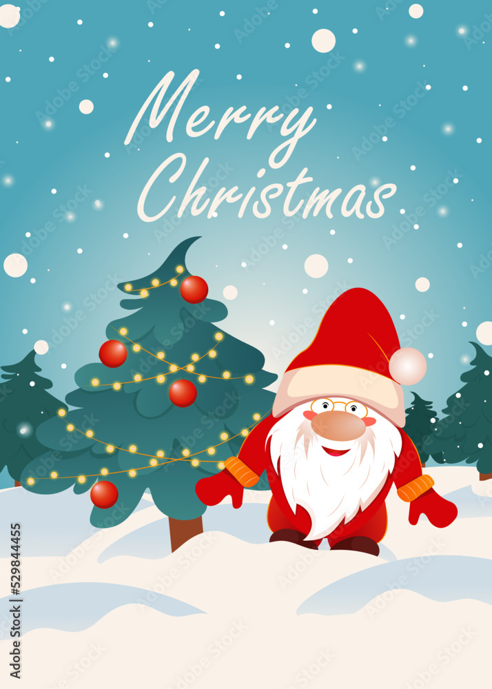 Сhristmas card with santa claus. Gnome with a Christmas tree. Garland, snow, new year, postcard, holiday. 