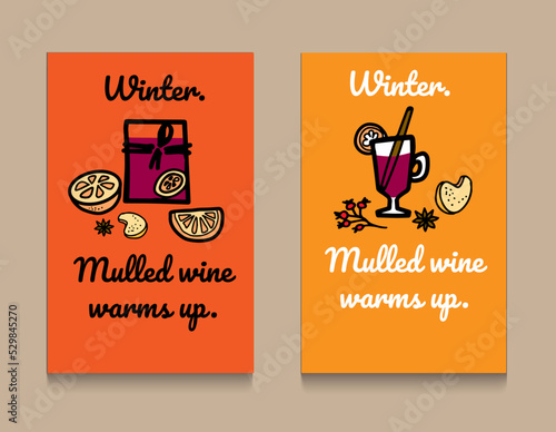 Winter special seasonal Vector cover menu template, brochure. Merry Christmas and Happy new year hand drawn illustrations, Lettering and calligraphy. Hot drinks and mulled wine flat cartoon