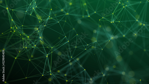 Visualization of big data. The concept of network connectivity . Abstract green background with lines and dots of different colors. 3D rendering.