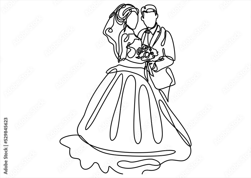 beautiful young bride and groom with the bride's bouquet- continuous line drawing beautiful young bride and groom with the bride's bouquet- continuous line drawing