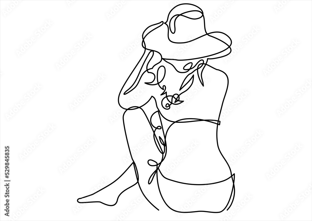 Back view of a beautiful slender young woman. She laid her hands on her hat-continuous line drawing Back view of a beautiful slender young woman. She laid her hands on her hat-continuous line drawing