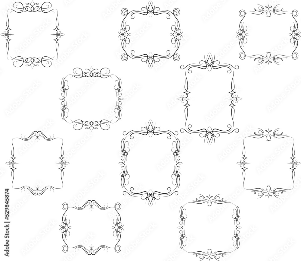 Frame border ornament. Calligraphic text divider, border, separator decor design. Antique vintage victorian elegant decoration element. Filigree frame ornament line. Hand drawn vector illustration Frame border ornament. Calligraphic text divider, border, separator decor design. Antique vintage victorian elegant decoration element. Filigree frame ornament line. Hand drawn vector illustration
