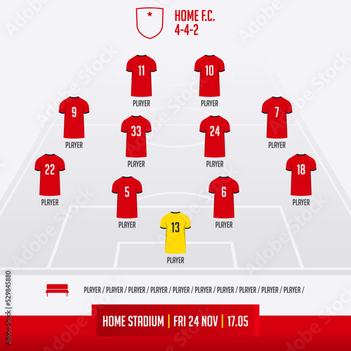 Football team formation, starting list or lineups infographic template. Set of football player position on soccer field.  Football kit, soccer jersey icon in flat design. 