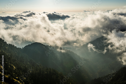 Sunset view of magnificent layered mountains and a sea of clouds in Hehuanshan Forest Recreation Area in Nantou, Taiwan. photo