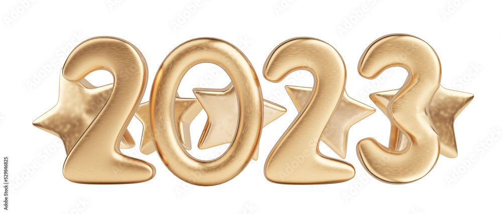 2023 golden symbol with 5 golden stars, 3d-illustration 2023 golden symbol with 5 golden stars, 3d-illustration