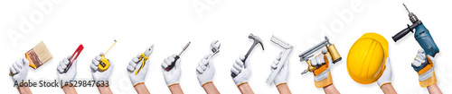 Hand with construction tool supplies png file or home construction builder photo