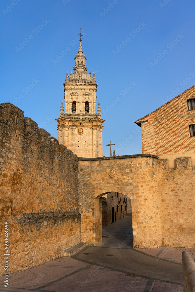 View of the medieval village of Burgo de Osma, the walls and the cathedral tower, Soria, Castilla y León, Spain.