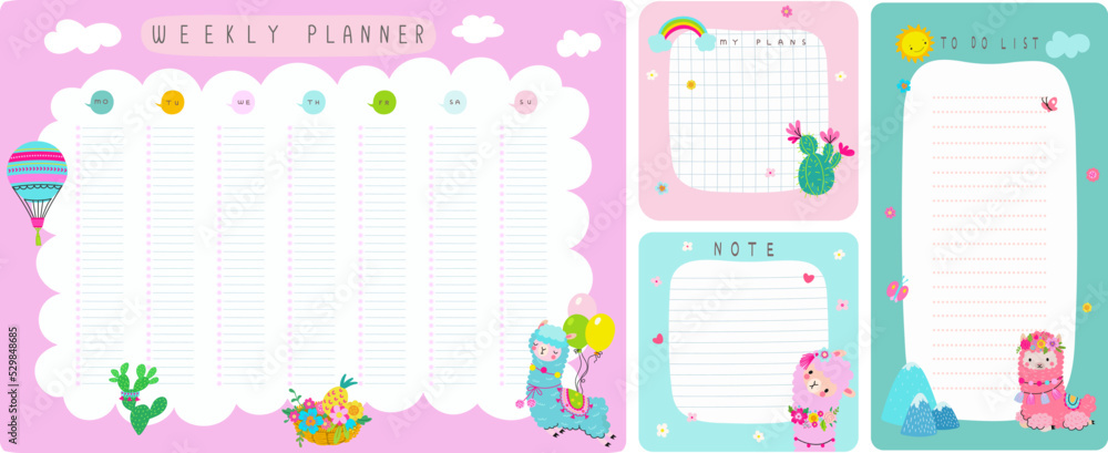 Llama weekly planners, kids daily timetables. Child diary and week schedule design. Cute alpaca, rainbow and hot air balloon, nowaday vector notes pages Llama weekly planners, kids daily timetables. Child diary and week schedule design. Cute alpaca, rainbow and hot air balloon, nowaday vector notes pages