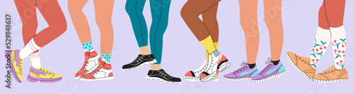 Legs in shoes and sneakers. Girl wearing fitness boots with sock. Flat teenager casual footwear, colored stylish socks. Fashion sport walking decent vector banner