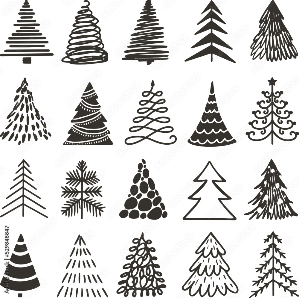 Obraz premium Doodle black christmas tree icons. Xmas rough drawn trees, abstract pencil winter elements. Grunge new year art decor, fir-trees neoteric vector silhouettes