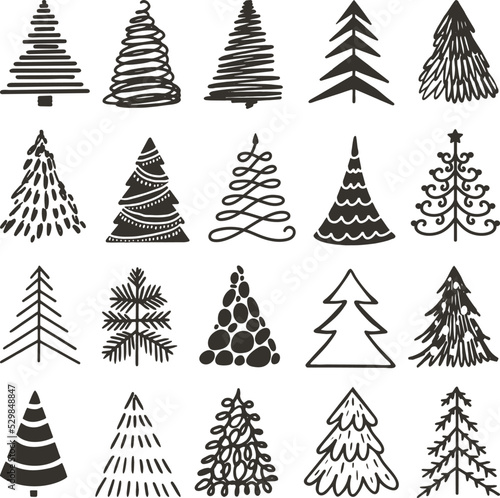 Doodle black christmas tree icons. Xmas rough drawn trees, abstract pencil winter elements. Grunge new year art decor, fir-trees neoteric vector silhouettes