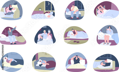 People sleep and reading in bed. Tired office characters, man work at night from home. Early wake up, insomnia problems, serenity dream with cat kicky vector scenes