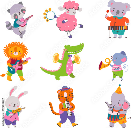 Cartoon animals musician hold musical instruments. Animal music band celebration, wild cute woodland characters for children, nowaday vector set