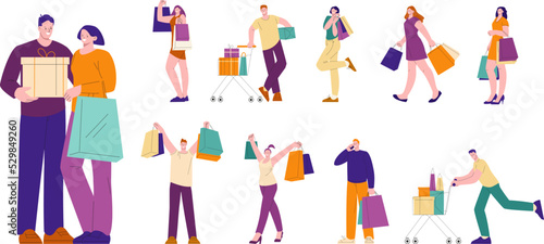 People with purchases from store. Shopping woman with box and bags. Supermarket customer run for sale. Kicky active retail buyers vector flat characters