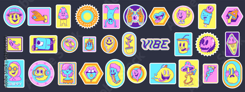 Acid hipster stickers and patches with neon groovy characters. Retro 70s art design, trendy pop style badges. Crazy psychedelic snugly vector elements photo
