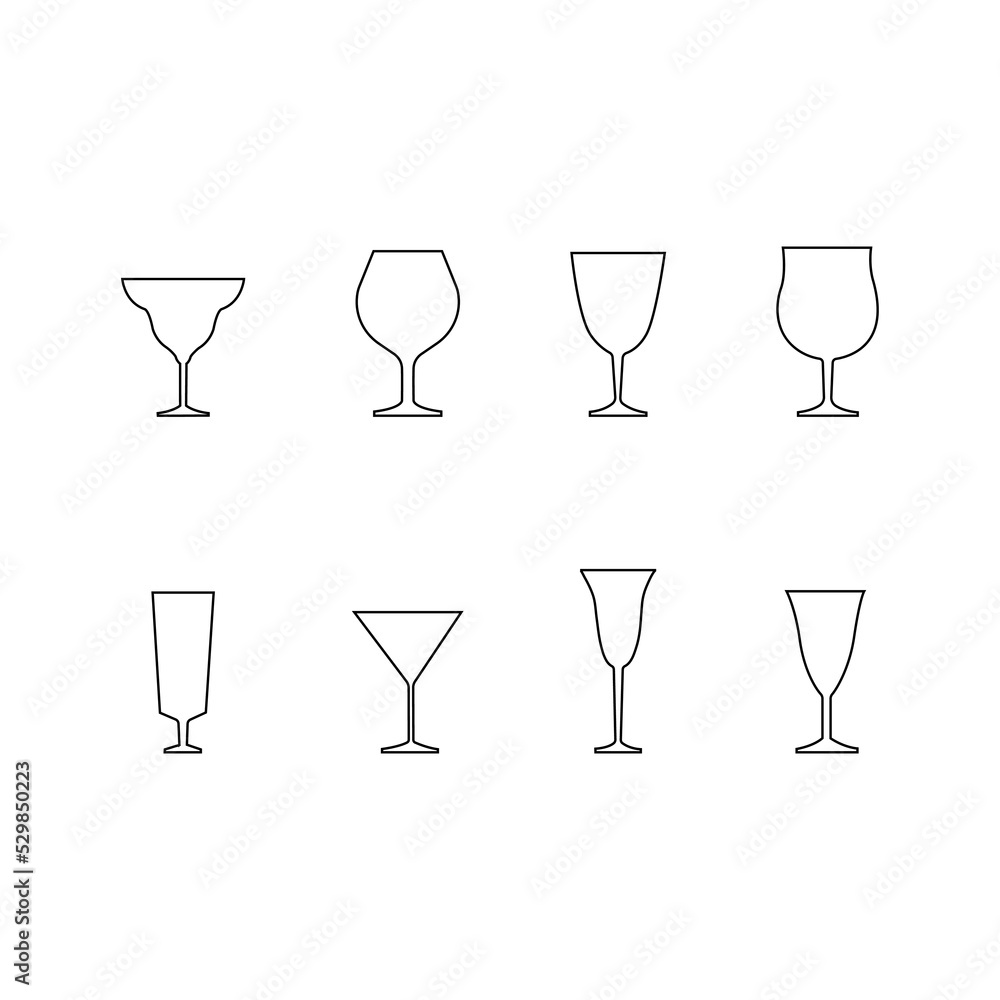 Collection of illustrations of the contours of glasses. Alcohol. Collection of illustrations of the contours of glasses. Alcohol.