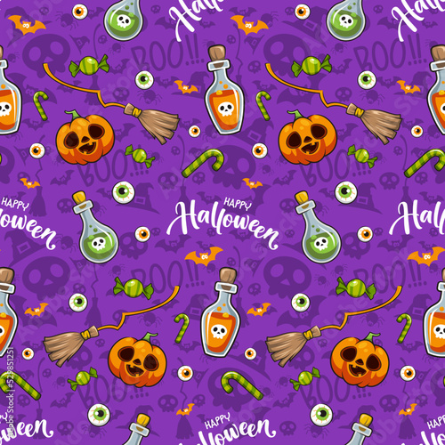 Happy Halloween Seamless Pattern, Cute Cartoon Illustration