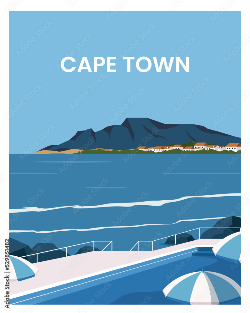 Naklejka premium summer day in cape town with sea and mountain view. landscape vector illustration with minimalist style for travel poster, postcard.