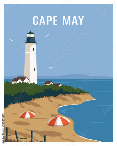 Cape May Lighthouse landscape background. travel to New Jersey. vector illustration suitable for poster, postcard, art print.