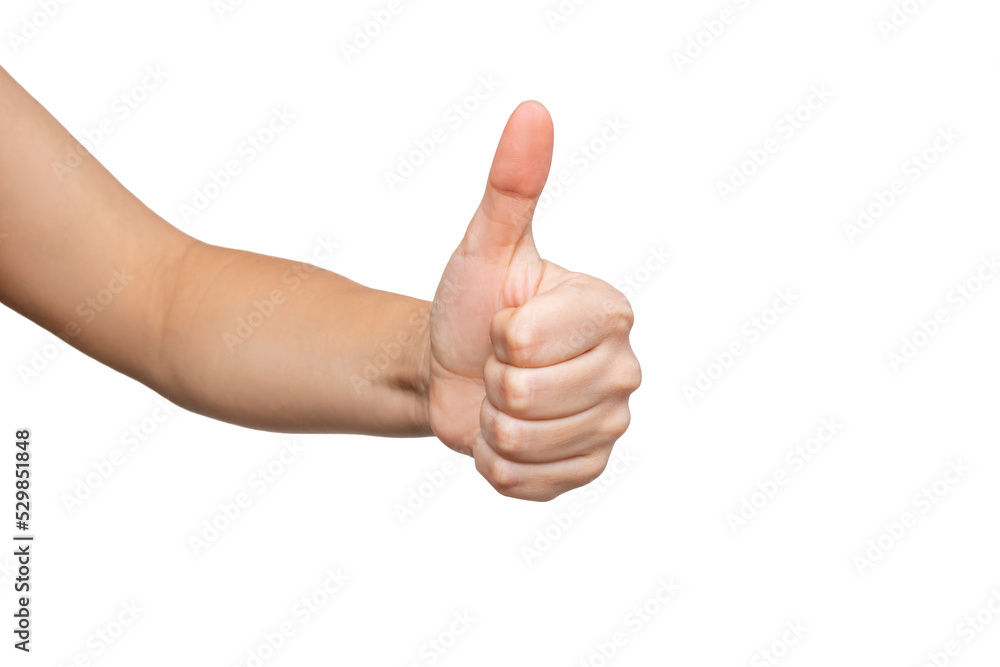 Cropped shot of a young woman up showing the thumb up gesture with her hand isolated on a white background. Positive hand sign. Finger up Cropped shot of a young woman up showing the thumb up gesture with her hand isolated on a white background. Positive hand sign. Finger up
