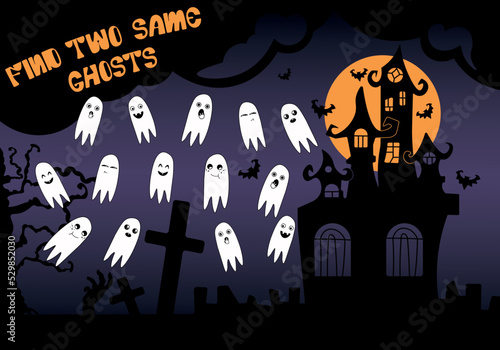 Halloween kids game, Find two same ghosts. Kids logic puzzle brainteaser find similar cartoon funny Halloween ghosts. Vector illustrations.