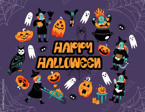 Halloween icon design set. Halloween stiker set. Cute and funny characters. Vector hand drawn illustration.